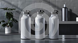 Three Blank 3D White Sport Bottles Mockup With A Gray Background. Thermo Mock Up Template