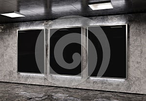 Three blank billboards on underground subway wall Mockup. Hoardings advertising triptych on train station interior 3D rendering