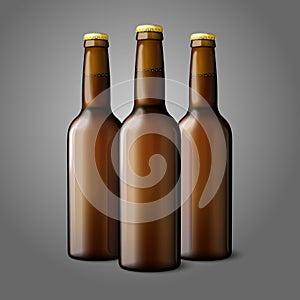 Three blank brown realistic beer bottles isolated