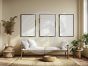 Three blank frames on beige wall above wooden bench with cushions in living room interior with plants and carpet