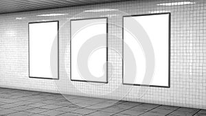 Three blank light boxes on white tiles wall