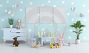 Three blank photo frame for mockup in child room