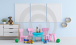 Three blank photo frame for mockup in child room, 3D rendering