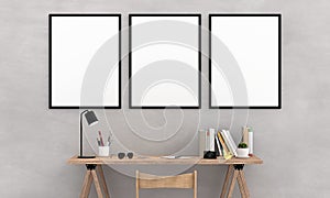 Three blank photo frame for mockup on wall, 3D rendering