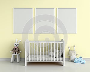 Three blank photo frame for mockup on wall, 3D rendering