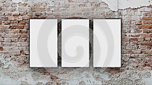 Three blank photo frames on brick wall 3d render
