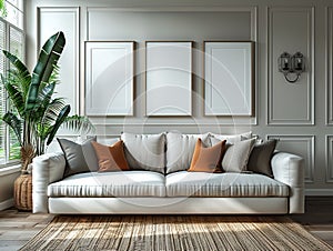 Three blank frames on the wall in a living room with a white sofa and a plant