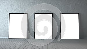 Three blank picture frames on a wood floor. 3d rendering