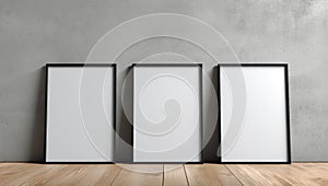 Three Blank Frames on Wooden Floor