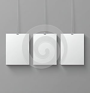 Three Blank White Posters Mockup on Gray Wall
