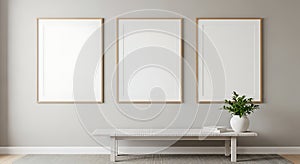 Three Blank Vertical Frames Mockup on Minimalist Grey Wall