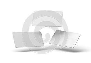Three blank white rectangular cards floating against a white background