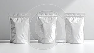 Three Blank White Stand-Up Pouches on White Surface