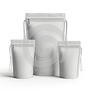 Three blank white stand up pouches with ziplock closures