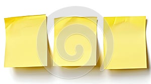 Three blank yellow sticky notes isolated on white background