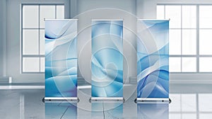 Three blue banners with a blue wave pattern