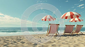 Three blue beach chairs with matching umbrellas are set up on the sandy shore, facing the ocean. The chairs are empty