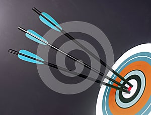 Three Blue Black Archery Arrows Hit Round Target Bullseye Center