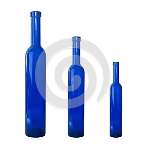 Three blue bottles in a row