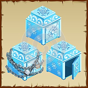 Three blue chest of ice, open and closed