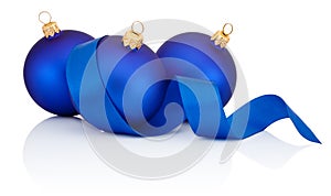 Three Blue Christmas ball covered with curled ribbon Isolated