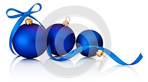 Three Blue Christmas balls with ribbon bow Isolated on white