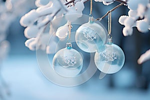 three blue christmas ornaments hanging from a branch in the snow