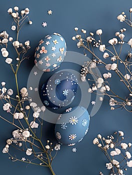 Three blue decorated eggs on a blue background with white flowers