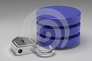 Three blue disks in stack and unlocked steel padlock. Access granted to Data or Database in result of hacker attack. Concept of da