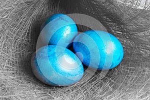 Three Blue Easter eggs on gray background