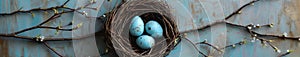 Three Blue Eggs in Birds Nest on Wall