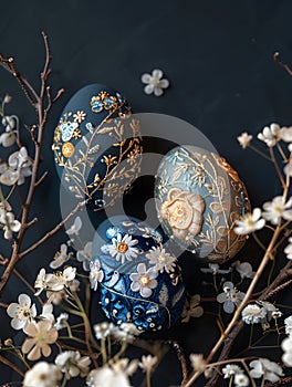 Three blue eggs with embroidery surrounded by white flowers on a dark background