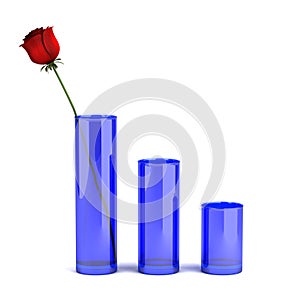 Three blue glass vases with rose isolated on white