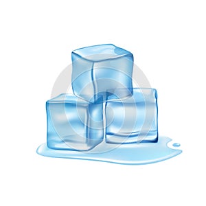 Three blue ice cubes melting on white background