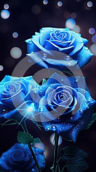 Three Blue Roses With Water Droplets