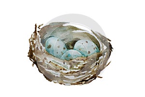 Three blue spotted eggs in the nest isolated on white background. Watercolor illustration of wild bird nest with small