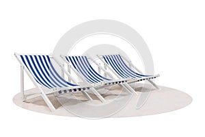 Three blue and white striped beach chair on the sand beach isolated on white background