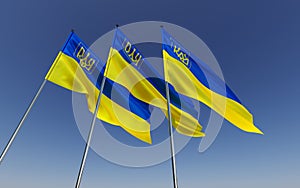 Three blue and yellow flags on flagpoles in row. Ukrainian flags with coat of arms on blue background. State symbols. Trident.