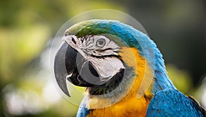 Three blue and yellow macaw perched on a tree branch with blurred green background. photo