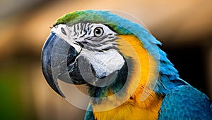 Three blue and yellow macaw perched on a tree branch with blurred green background. photo