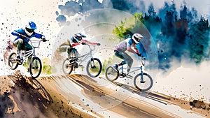 Three BMX riders in mid-air stunts, with watercolor effects showcasing motion and energy