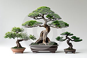 Three bonsai trees displayed on a white surface