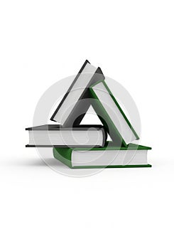 Three books are arranged in a geometric, triangular structure
