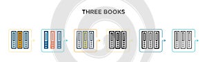 Three books vector icon in 6 different modern styles. Black, two colored three books icons designed in filled, outline, line and