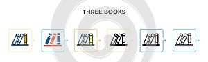 Three books vector icon in 6 different modern styles. Black, two colored three books icons designed in filled, outline, line and