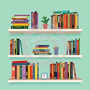 Three bookshelves with favorite books, watches, flowers and pencils. concept of library. vector illustration isolated