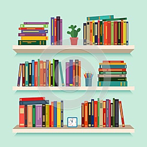 Three bookshelves with favorite books, watches, flowers and pencils. concept of library. vector illustration isolated