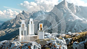 Three bottles of clear liquid are on a rock in front of a mountain by AI generated image