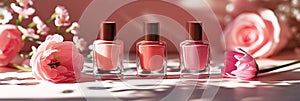 Three bottles of colorful nail polish in different shades of pink with flowers on sunlit background