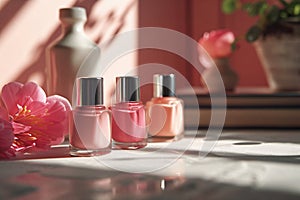 Three bottles of colorful nail polish in different shades of pink with tropical flowers on sunlit background